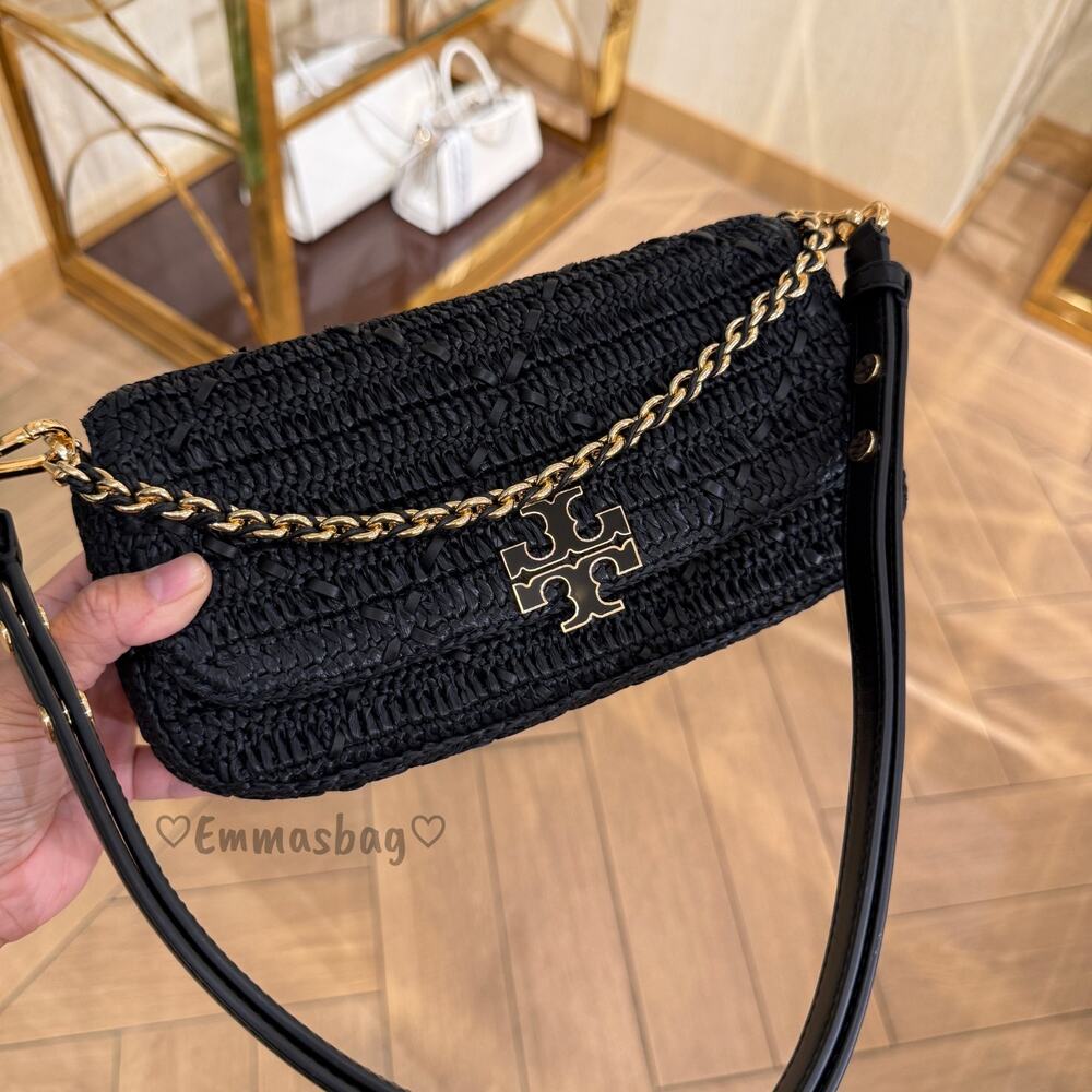 Tory Burch Britten Raffia Crochet Convertible Crossbody 183121 Black $645